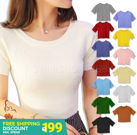 SS Korean Basic Blouse Top Women Short Sleeve Tops Fits Small to Semi-Large