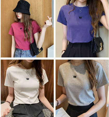 R&O Slim Style Korean Casual Crown embroidered Round Neck T-shirts For Womens Top Tees #919