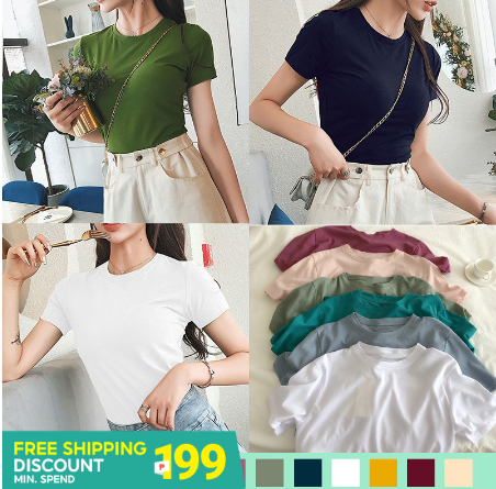 plain solid color cotton spandex shirt women top tee blouse tshirt round neck short sleeves B038